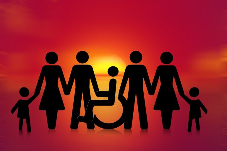 Graphic artwork showing people standing and one person in a wheelchair