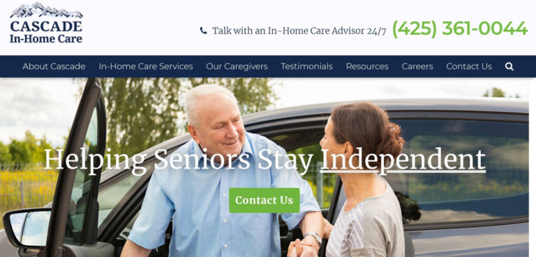 Cascade In-Home Care homepage screenshot above the fold content